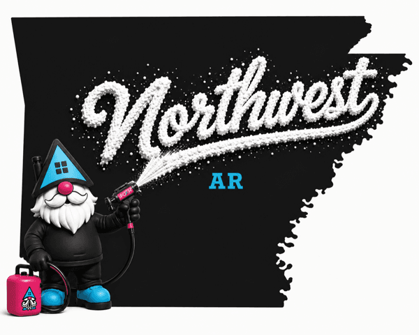 Foamie the iFOAM gnome standing beside a Northwest Arkansas map