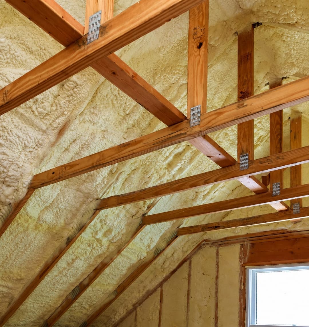 Open-cell spray foam installed between attic rafters
